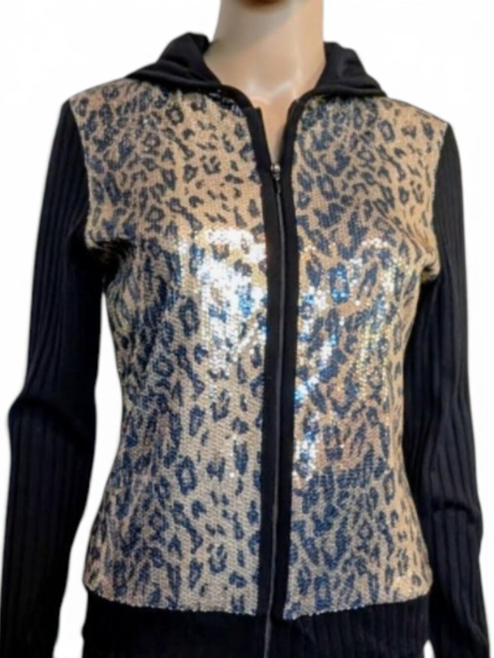 Joseph Ribkoff Animal Print Sequins Cardigan Sweater Hood Size 8